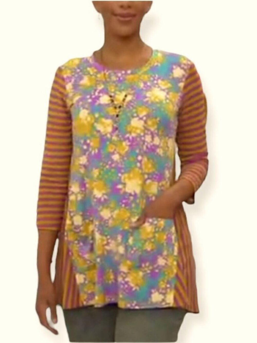 LOGO by Lori Goldstein Rayon 230 Top with Striped Sleeves